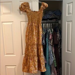 Gold Ruffled Tiered Maxi nap Dress with Puff Cap Sleeves